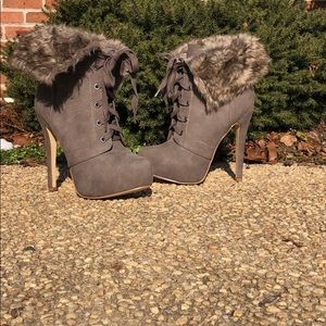 Taupe lace up heels with fur